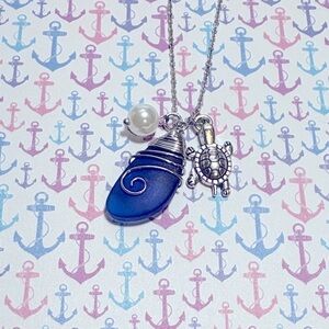 Blue Pendant Necklace with Turtle Charm